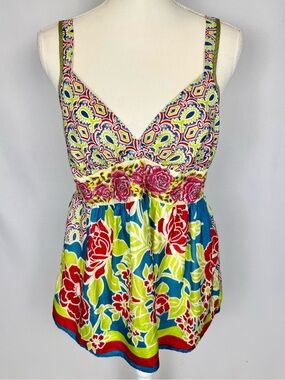 Johnny Was Silk Tank Camisole Colorful Embroidery Empire Waist Small Boho Summer